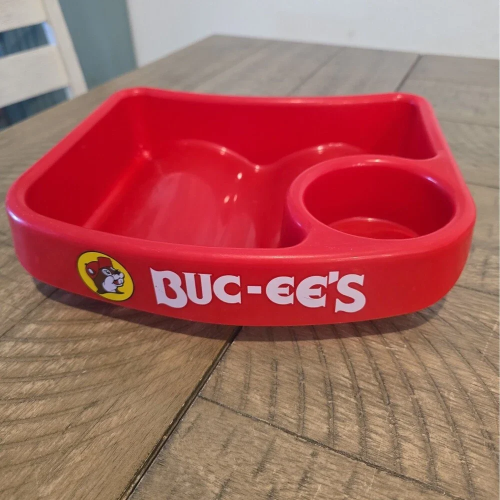 Buc-ees Red Kids Lap Snack Tray Cup Holder Organizer Car Camping Travel